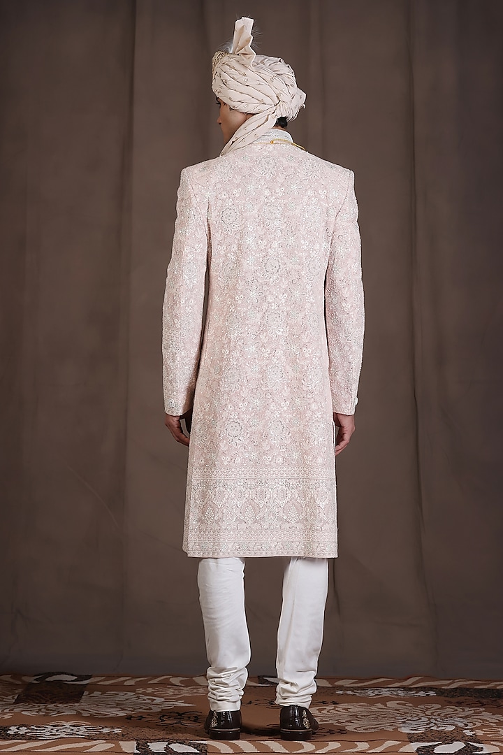 Light Pink Jacquard Silk Pearl and Dabka Hand Embroidered Wedding Sherwani Set by Zoop Men at Pernia's Pop Up Shop