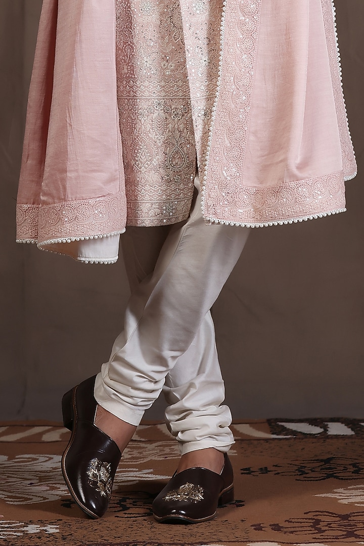 Light Pink Jacquard Silk Pearl and Dabka Hand Embroidered Wedding Sherwani Set by Zoop Men at Pernia's Pop Up Shop
