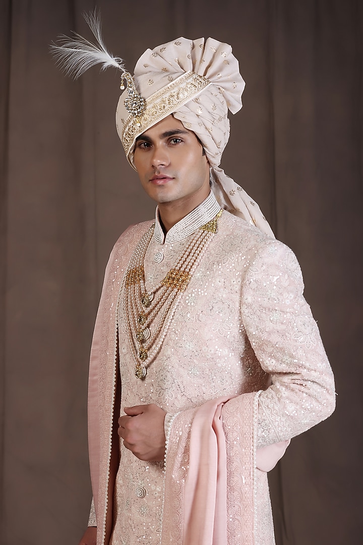 Light Pink Jacquard Silk Pearl and Dabka Hand Embroidered Wedding