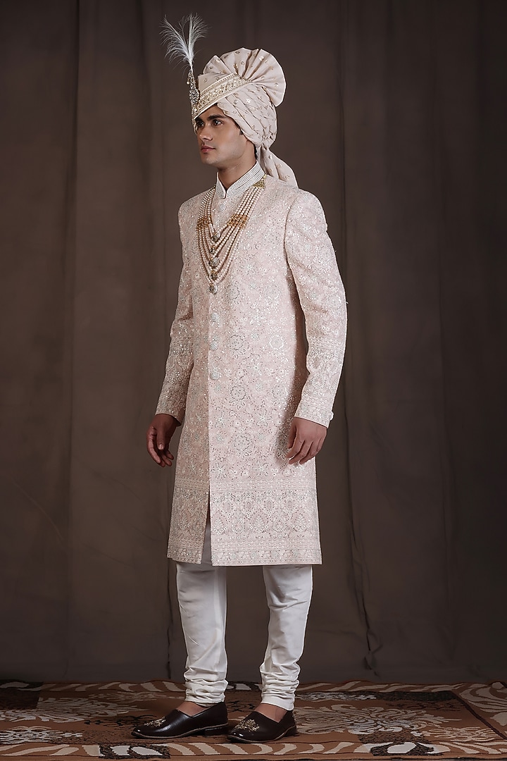 Light Pink Jacquard Silk Pearl and Dabka Hand Embroidered Wedding Sherwani Set by Zoop Men at Pernia's Pop Up Shop