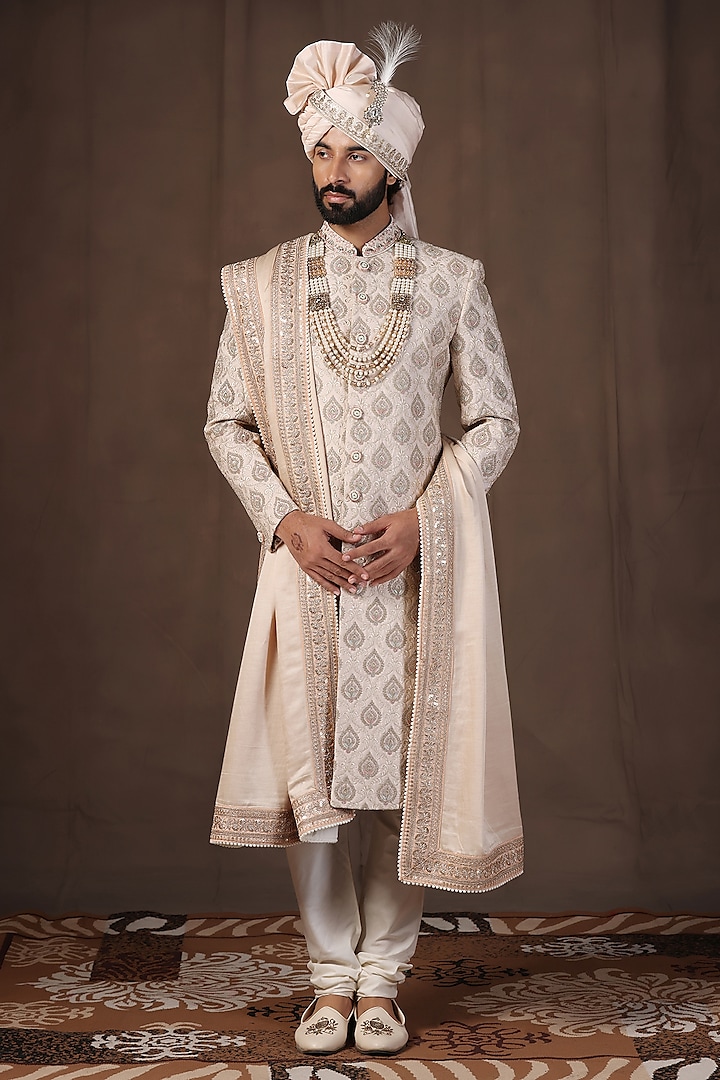 Gold Jacquard Silk Thread Embroidered Sherwani Set by Zoop Men