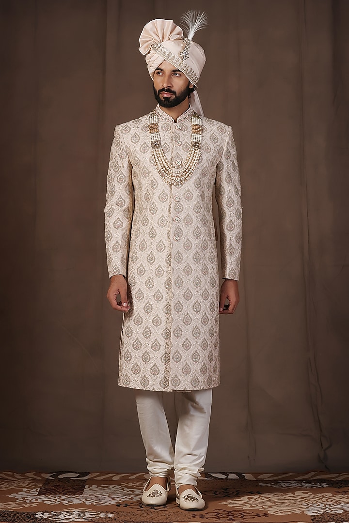 Gold Jacquard Silk Thread Embroidered Groom Sherwani Set by Zoop Men at Pernia's Pop Up Shop