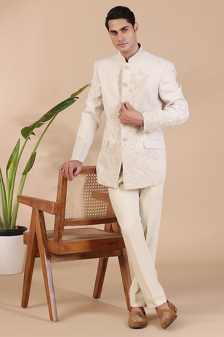 Cream Satin Silk Japanese Thread & Pearls Hand Embroidered Bandhgala Set by Zoop Men