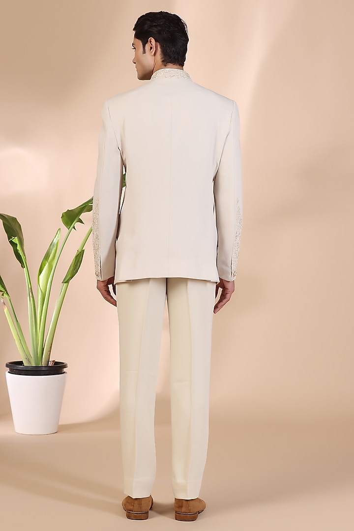 Cream Satin Silk Japanese Thread & Pearls Hand Embroidered Wedding Bandhgala Set by Zoop Men at Pernia's Pop Up Shop