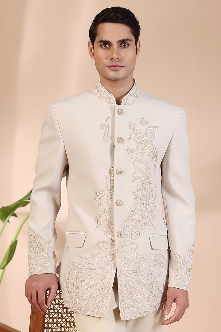Cream Satin Silk Japanese Thread & Pearls Hand Embroidered Wedding Bandhgala Set by Zoop Men at Pernia's Pop Up Shop