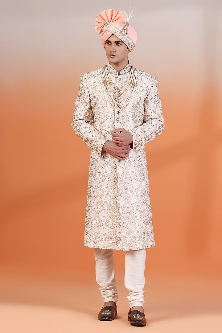 Multi-Colored Jacquard Silk Thread & Hand Embroidered Groom Sherwani Set by Zoop Men at Pernia's Pop Up Shop