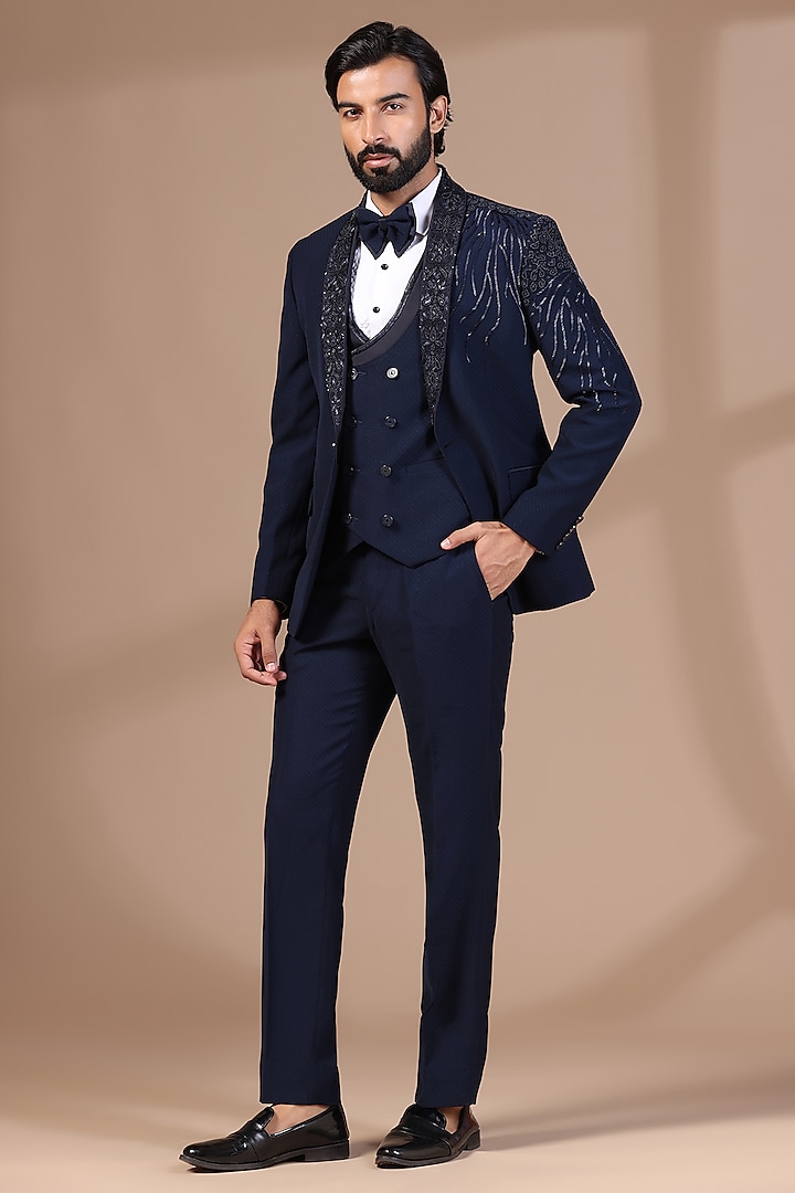 Blue Jacquard Thread & Cutdana Hand Embroidered Tuxedo Set by Zoop Men