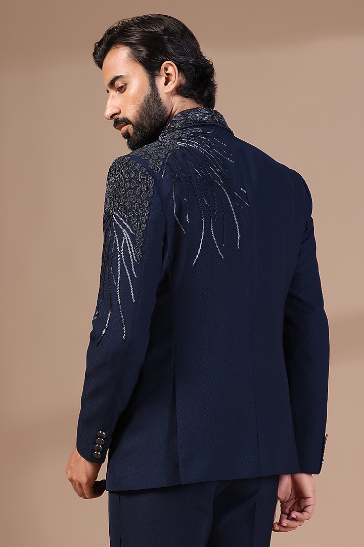 Blue Jacquard Thread & Cutdana Hand Embroidered Tuxedo Set by Zoop Men at Pernia's Pop Up Shop