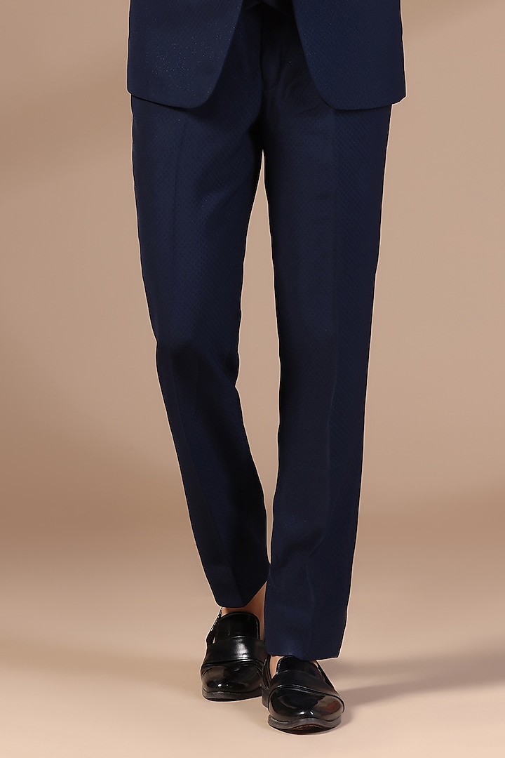 Blue Jacquard Thread & Cutdana Hand Embroidered Tuxedo Set by Zoop Men at Pernia's Pop Up Shop
