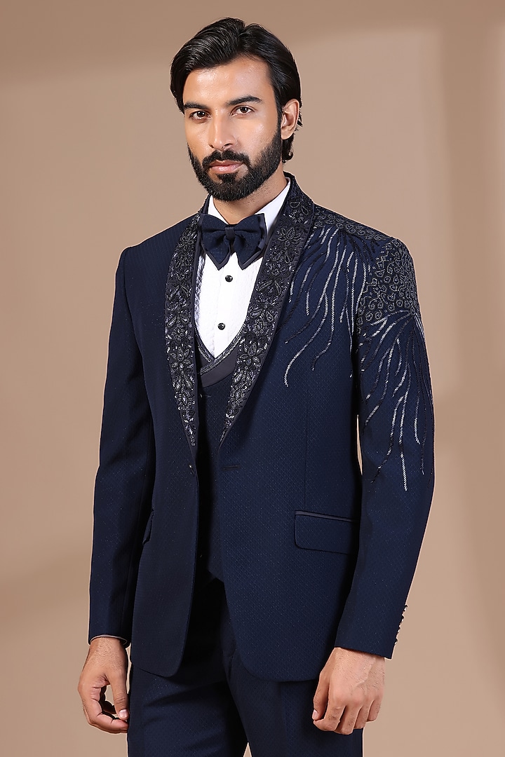 Blue Jacquard Thread & Cutdana Hand Embroidered Tuxedo Set by Zoop Men at Pernia's Pop Up Shop
