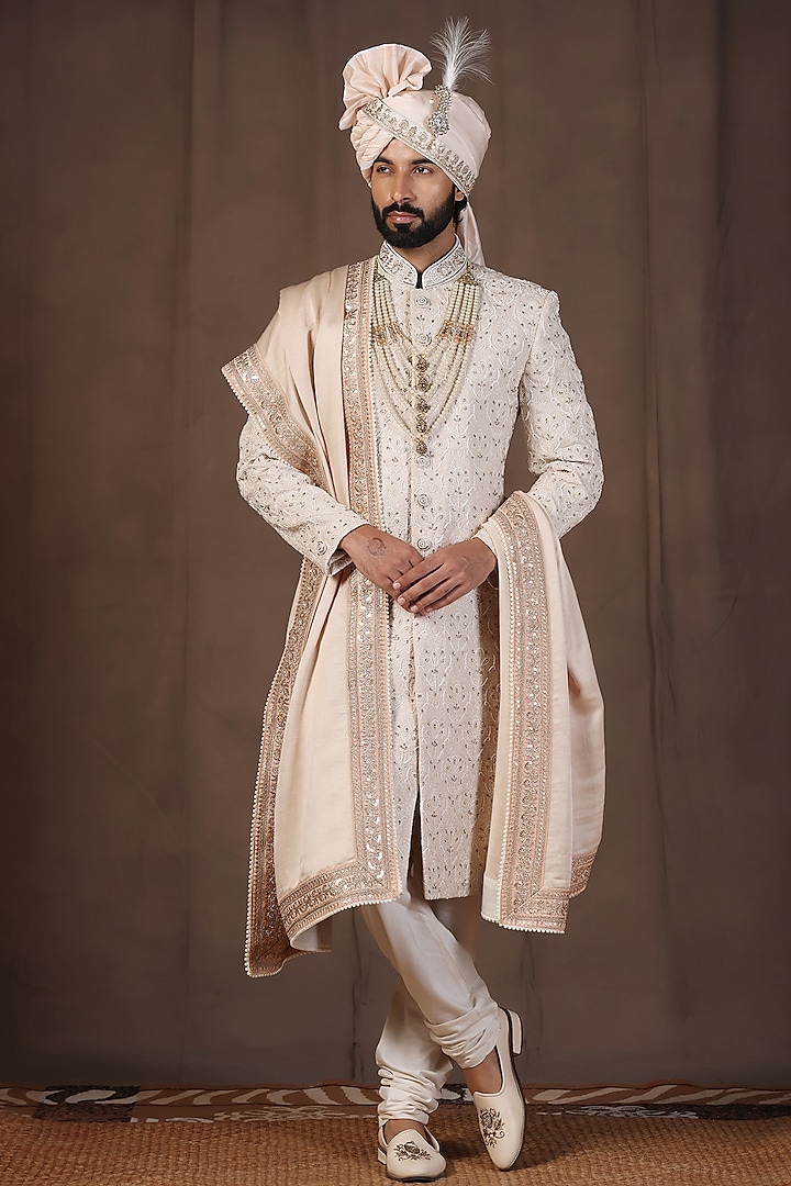 Cream Jacquard Silk Thread & Hand Embroidered Sherwani Set by Zoop Men