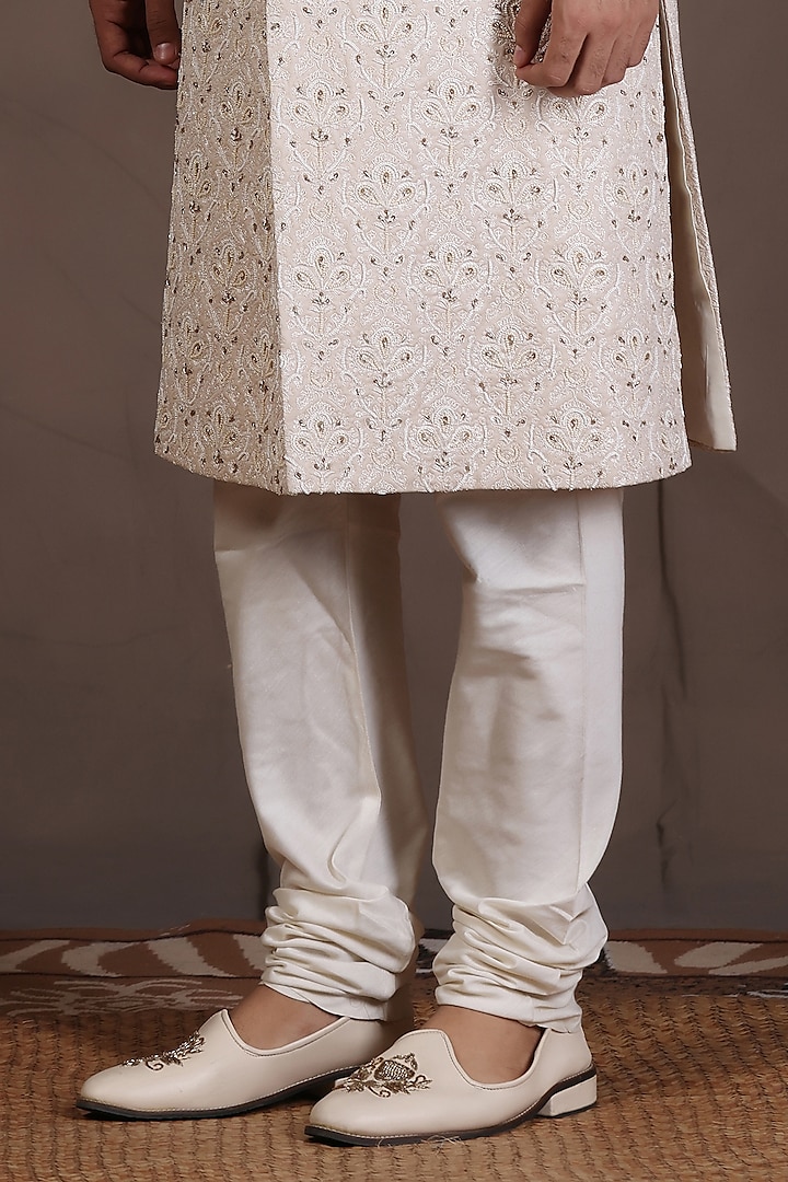 Cream Jacquard Silk Thread & Hand Embroidered Groom Sherwani Set by Zoop Men at Pernia's Pop Up Shop