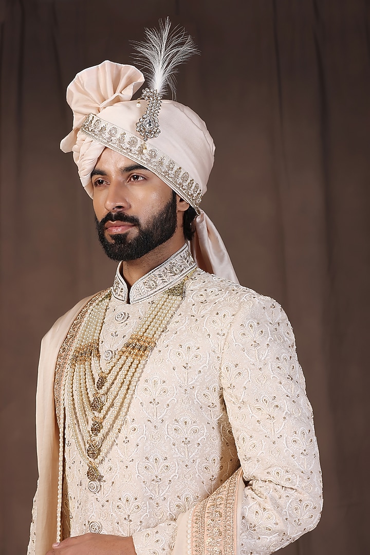 Cream Jacquard Silk Thread & Hand Embroidered Groom Sherwani Set by Zoop Men at Pernia's Pop Up Shop