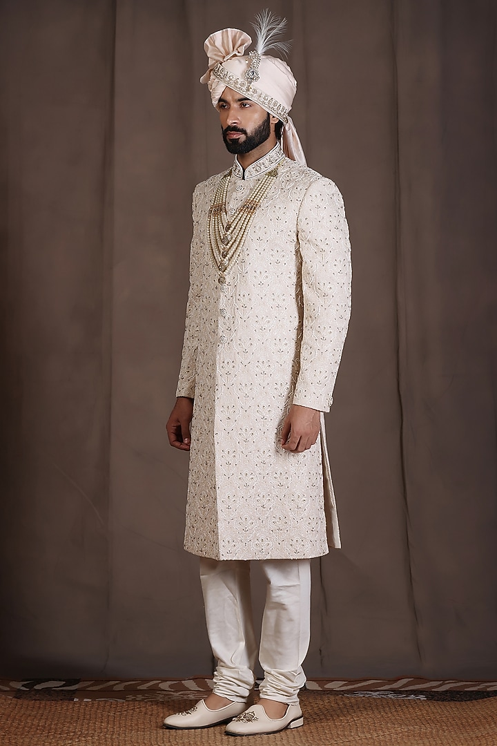 Cream Jacquard Silk Thread & Hand Embroidered Groom Sherwani Set by Zoop Men at Pernia's Pop Up Shop