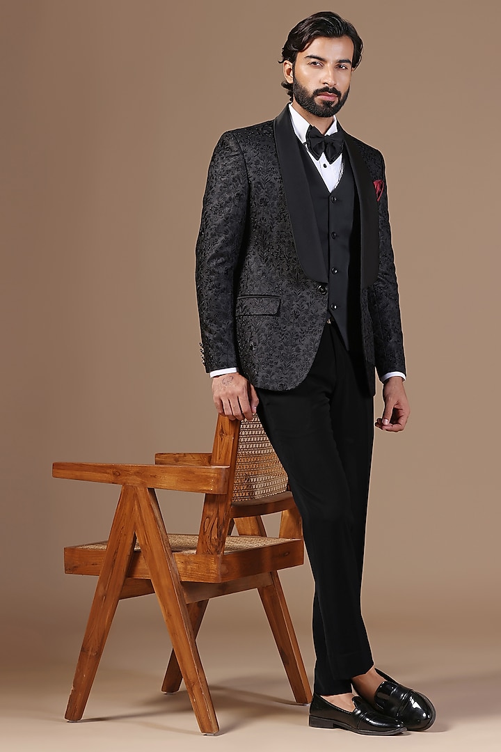 Black Jacquard Embroidered Tuxedo Set by Zoop Men