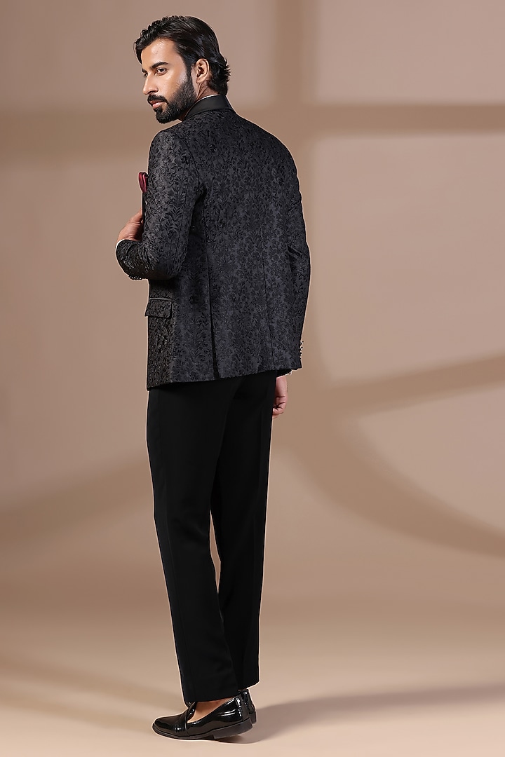 Black Jacquard Embroidered Tuxedo Set by Zoop Men at Pernia's Pop Up Shop