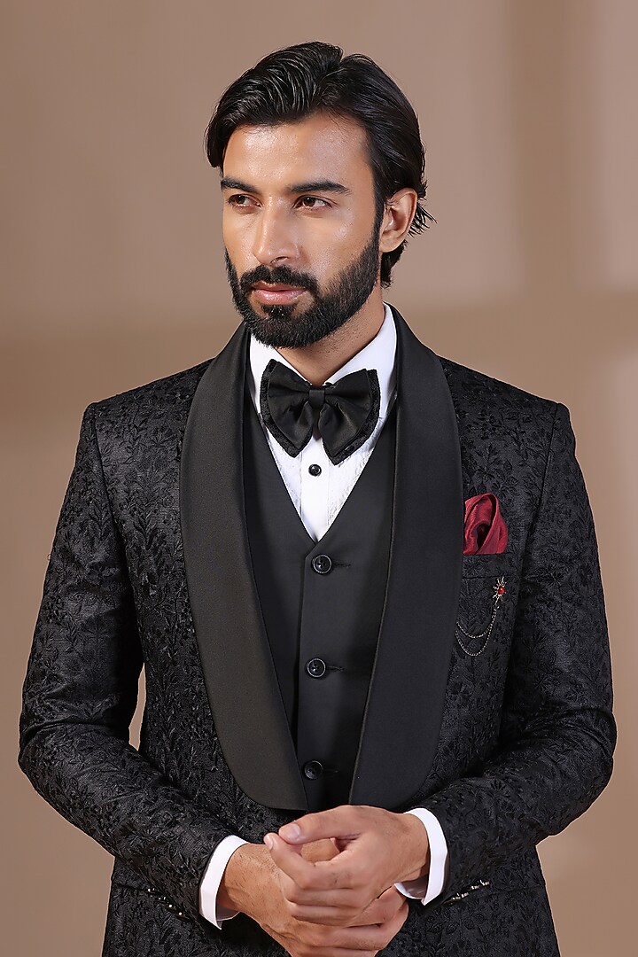 Black Jacquard Embroidered Tuxedo Set by Zoop Men at Pernia's Pop Up Shop