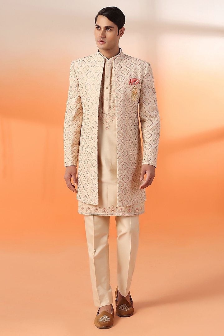 Peach Jacquard Hand Embroidered Indo Western Set by Zoop Men