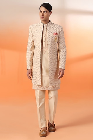 Peach Jacquard Hand Embroidered Indo Western Set by Zoop Men