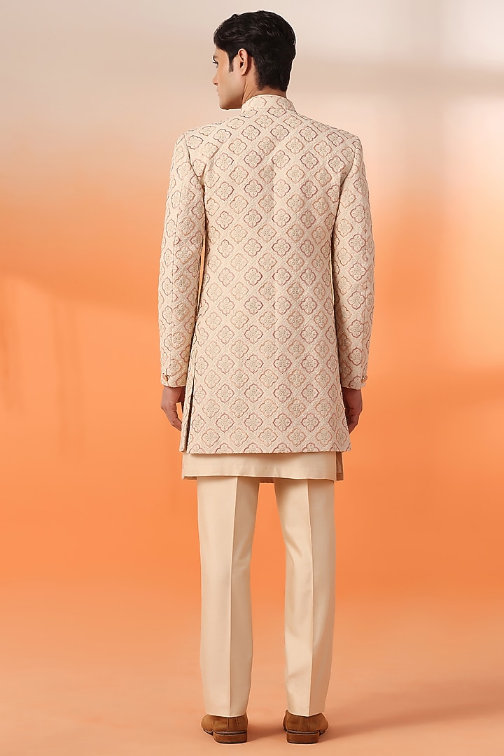 Peach Jacquard Hand Embroidered Indo Western Set by Zoop Men at Pernia's Pop Up Shop