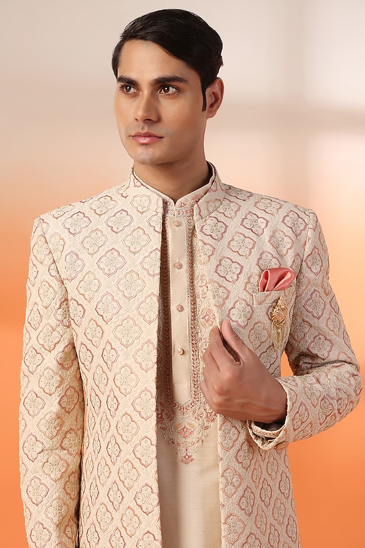 Peach Jacquard Hand Embroidered Indo Western Set by Zoop Men at Pernia's Pop Up Shop