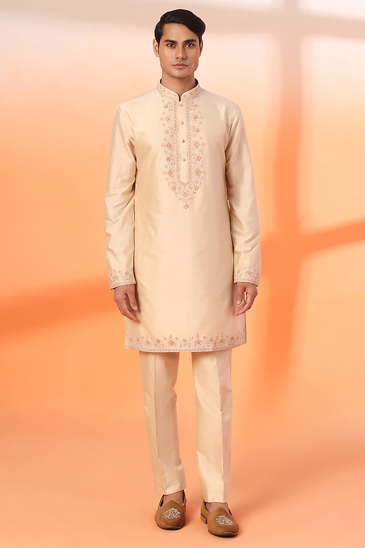 Peach Jacquard Hand Embroidered Indo Western Set by Zoop Men at Pernia's Pop Up Shop