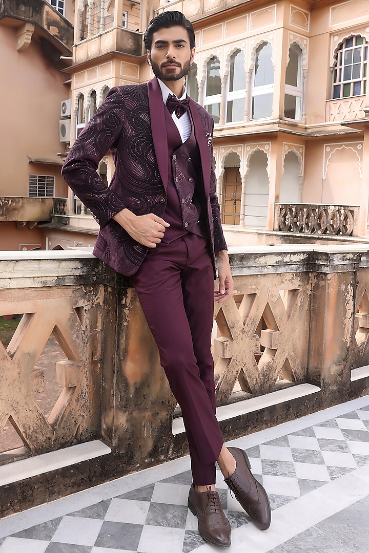 Wine Velvet Jacquard Hand Embroidered Tuxedo Set by Zoop Men