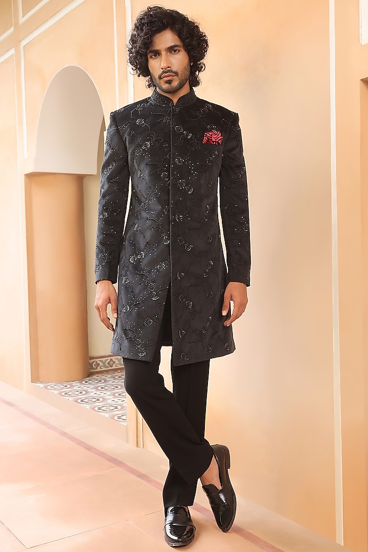 Black Velvet Jacquard Hand Embroidered Indo-Western Set by Zoop Men