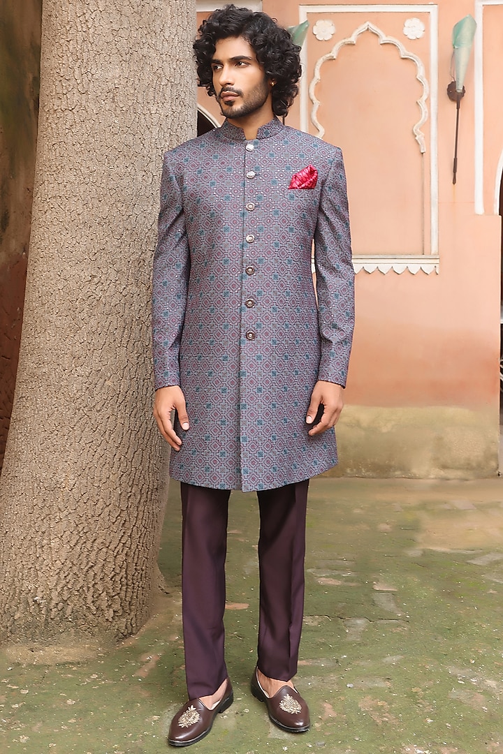 Grey Jacquard Thread Embroidered Indo-Western Set by Zoop Men