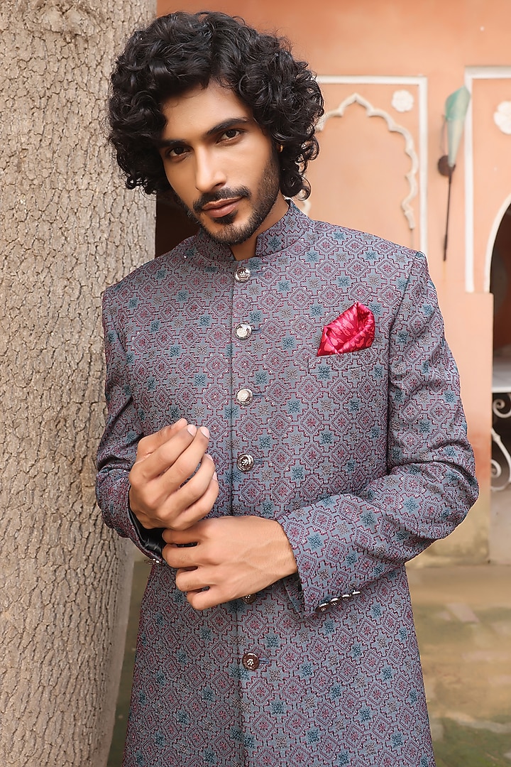 Grey Jacquard Thread Embroidered Indo-Western Set by Zoop Men at Pernia's Pop Up Shop
