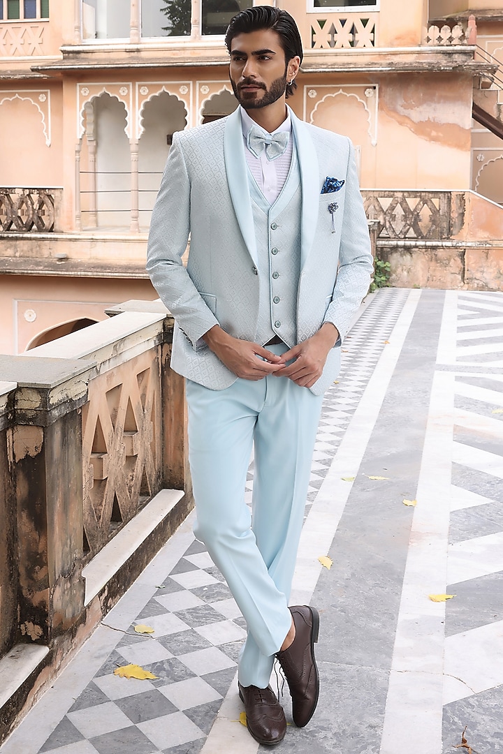 Sky Blue Jacquard Tuxedo Set by Zoop Men at Pernia's Pop Up Shop