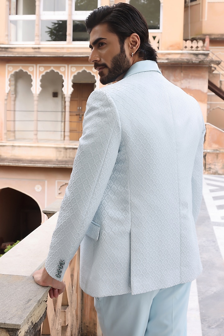 Sky Blue Jacquard Tuxedo Set by Zoop Men at Pernia's Pop Up Shop