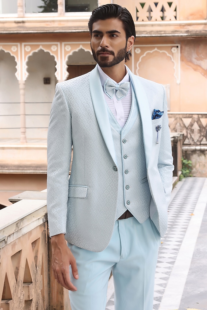 Sky Blue Jacquard Tuxedo Set by Zoop Men at Pernia's Pop Up Shop