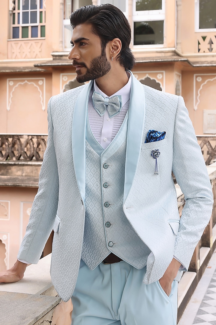 Sky Blue Jacquard Tuxedo Set by Zoop Men at Pernia's Pop Up Shop
