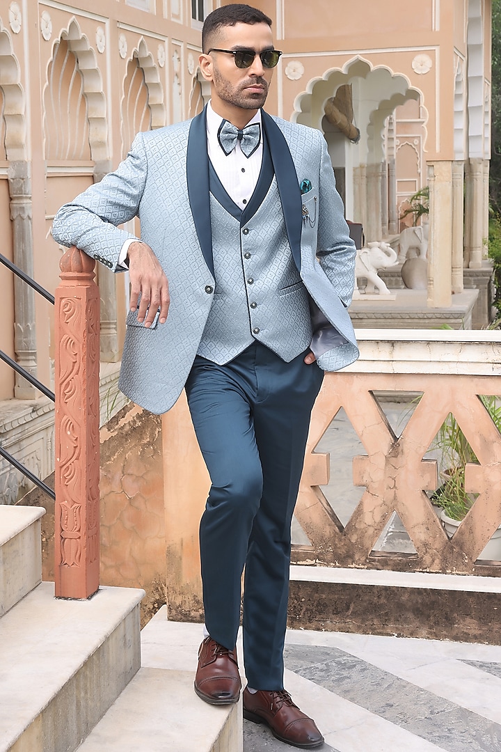 Light Teal Jacquard Tuxedo Set by Zoop Men