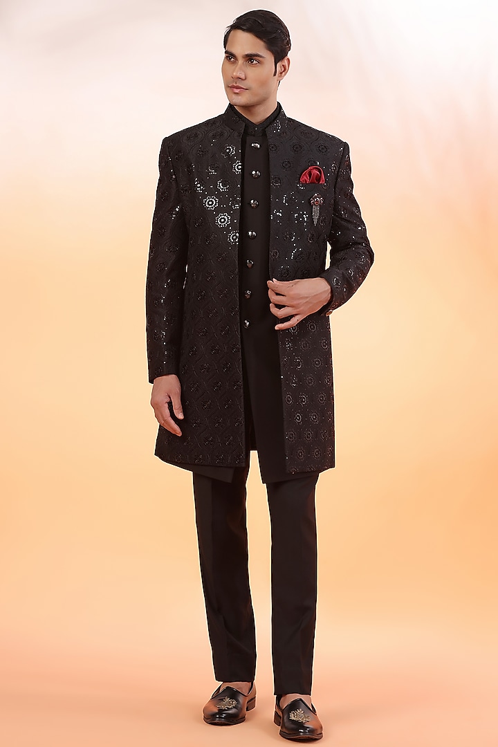 Black Jacquard Embroidered Indo-Western Set by Zoop Men at Pernia's Pop Up Shop