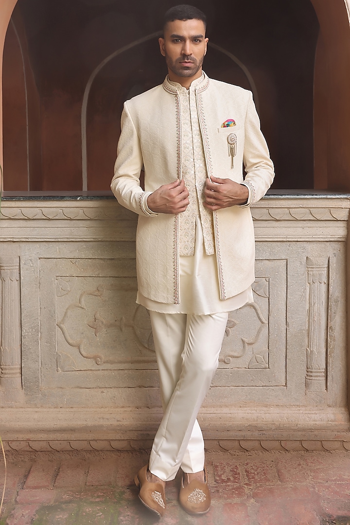 Light Cream Jacquard Silk Pearl Embroidered Indo-Western Set by Zoop Men