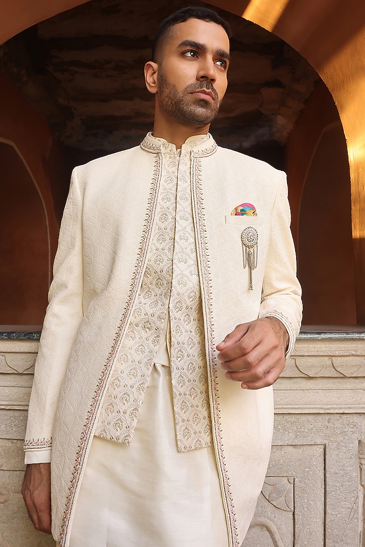 Light Cream Jacquard Silk Pearl Embroidered Indo-Western Set by Zoop Men at Pernia's Pop Up Shop