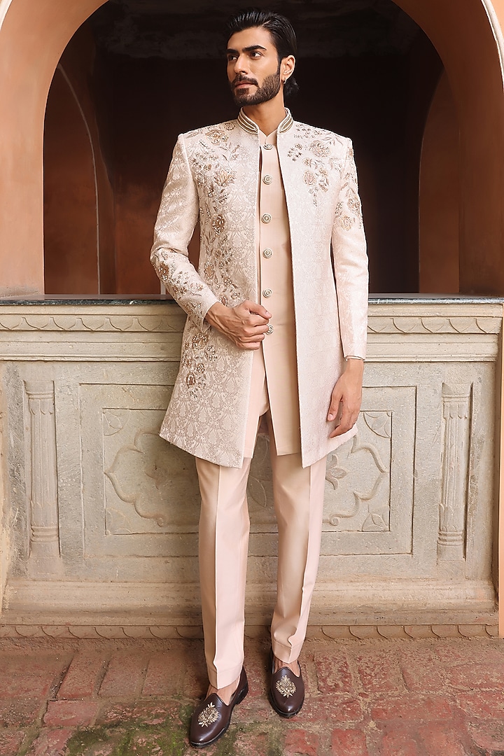 Peach Jacquard Floral Hand Embroidered Indo-Western Set by Zoop Men