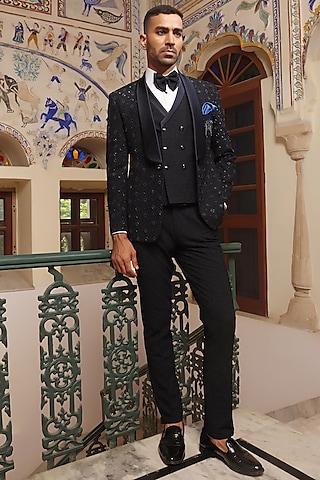 Navy Blue Jacquard Cutdana Hand Embroidered Tuxedo Set by Zoop Men