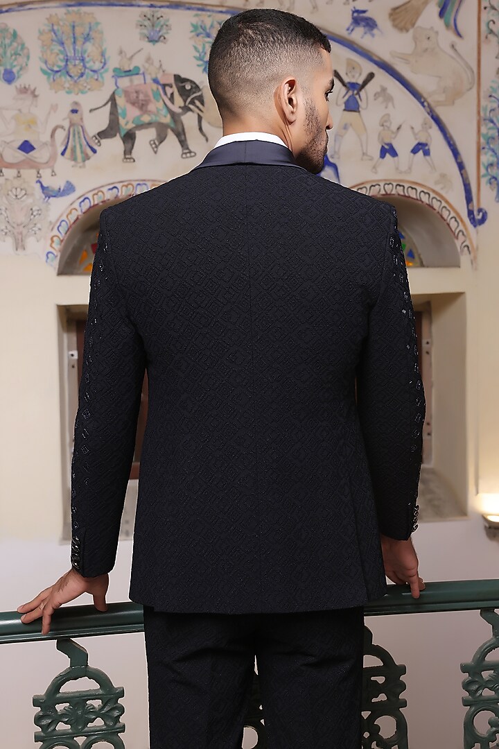Navy Blue Jacquard Cutdana Hand Embroidered Tuxedo Set by Zoop Men at Pernia's Pop Up Shop