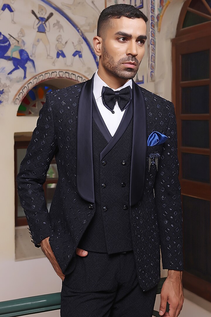 Navy Blue Jacquard Cutdana Hand Embroidered Tuxedo Set by Zoop Men at Pernia's Pop Up Shop