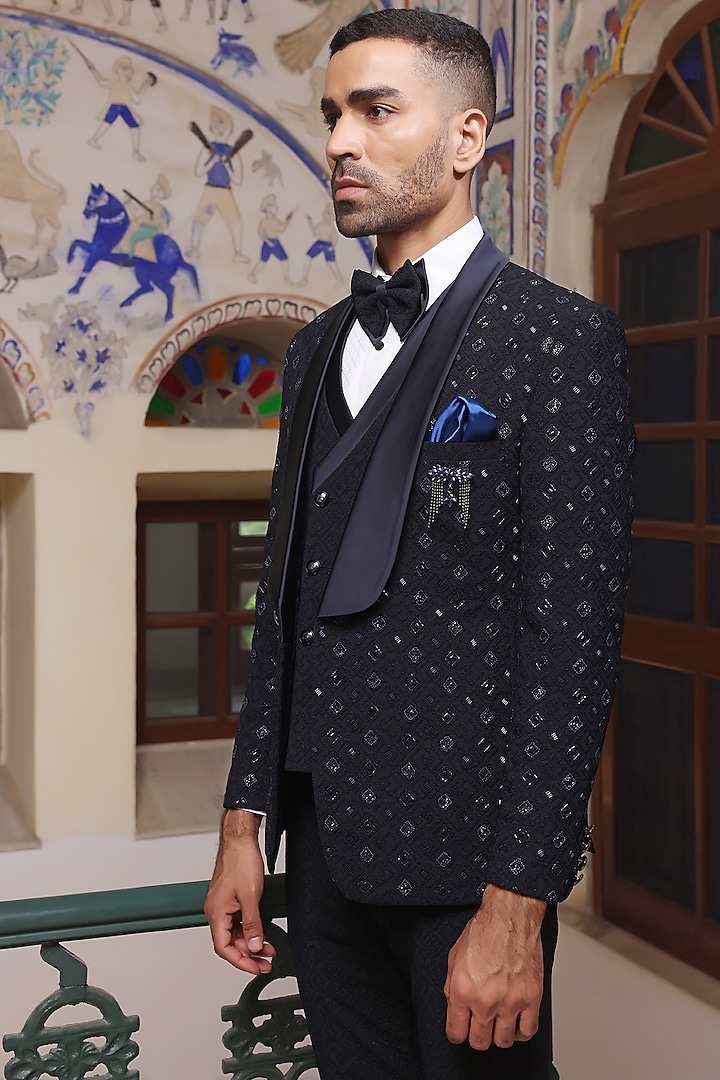 Navy Blue Jacquard Cutdana Hand Embroidered Tuxedo Set by Zoop Men at Pernia's Pop Up Shop