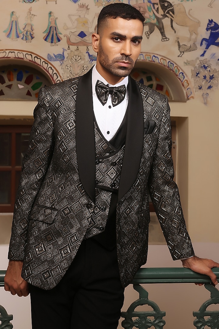 Black Jacquard Tuxedo Set by Zoop Men at Pernia's Pop Up Shop