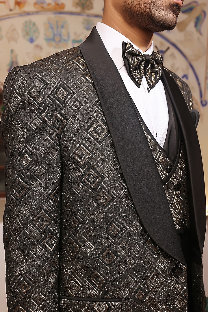 Black Jacquard Tuxedo Set by Zoop Men at Pernia's Pop Up Shop
