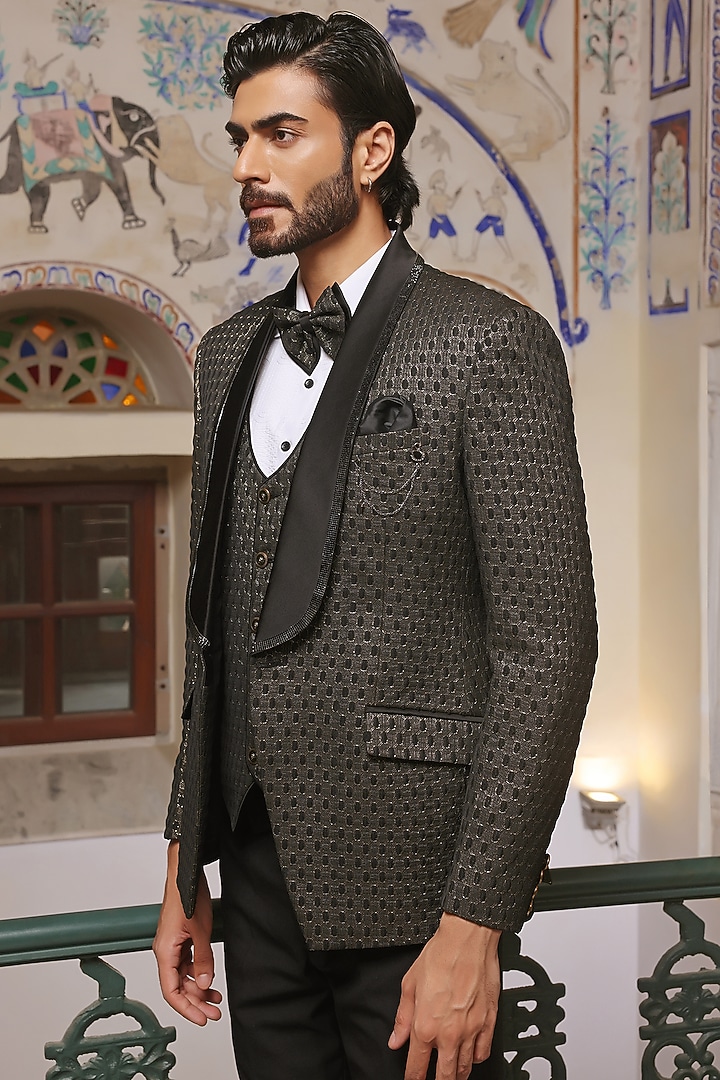 Black Jacquard Embroidered Tuxedo Set by Zoop Men at Pernia's Pop Up Shop