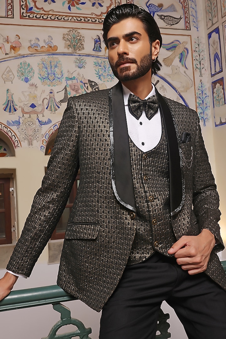 Black Jacquard Embroidered Tuxedo Set by Zoop Men at Pernia's Pop Up Shop