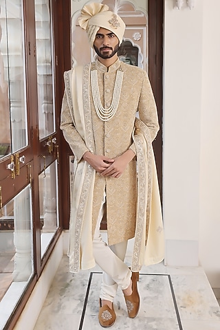 Beige Velvet Silk Thread Hand Embroidered Sherwani Set by Zoop Men