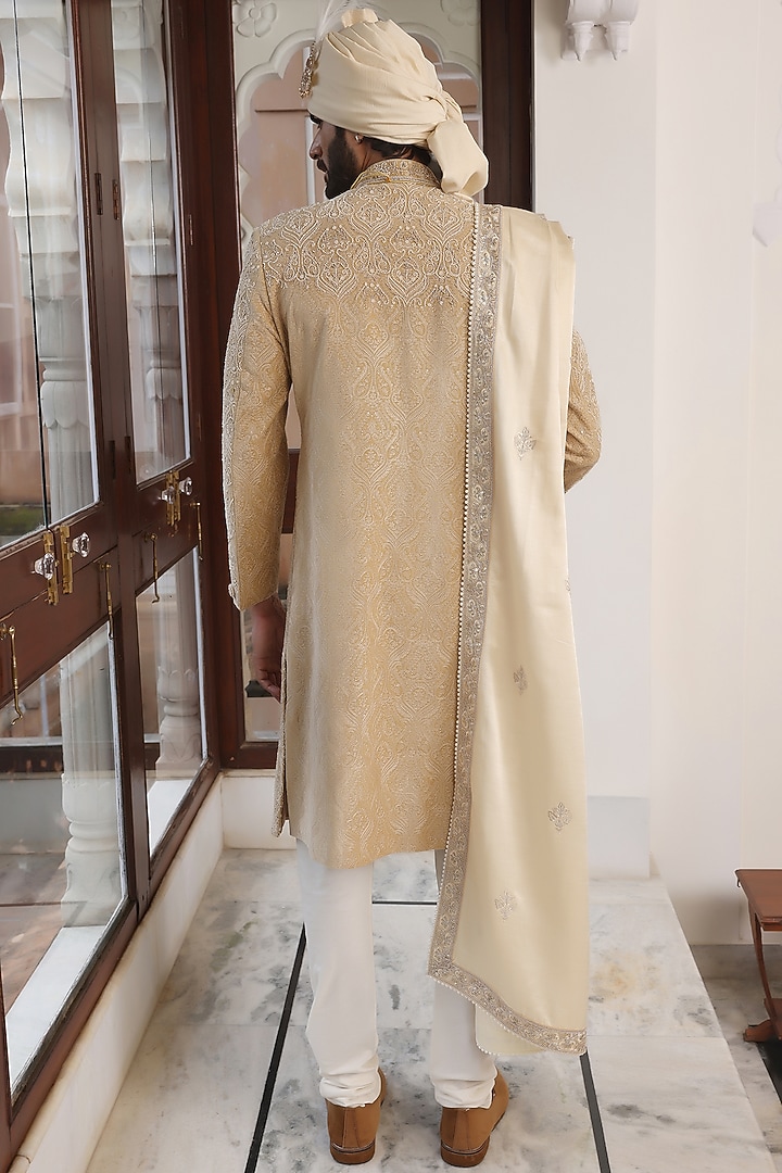 Beige Velvet Silk Thread Hand Embroidered Groom Sherwani Set by Zoop Men at Pernia's Pop Up Shop