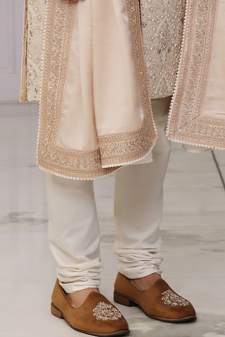 Peach Pure Banarasi Monga Silk Embroidered Groom Sherwani Set by Zoop Men at Pernia's Pop Up Shop